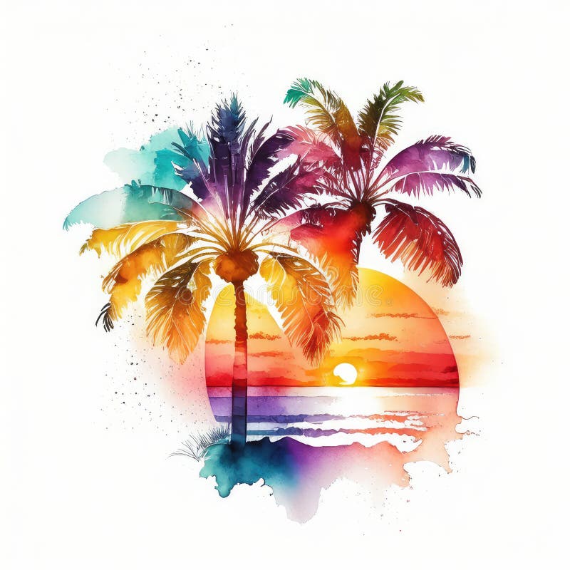 Retro beach palm tree sunset bundle watercolor