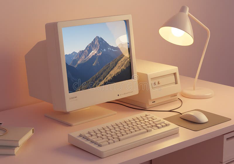 A vintage beige computer, keyboard, mouse, and disk drive sit on a pink desk under a desk lamp. The computer screen displays a scenic mountain landscape. The overall aesthetic is minimalist and nostalgic. Old computer keyboard cpu monitor illustrations