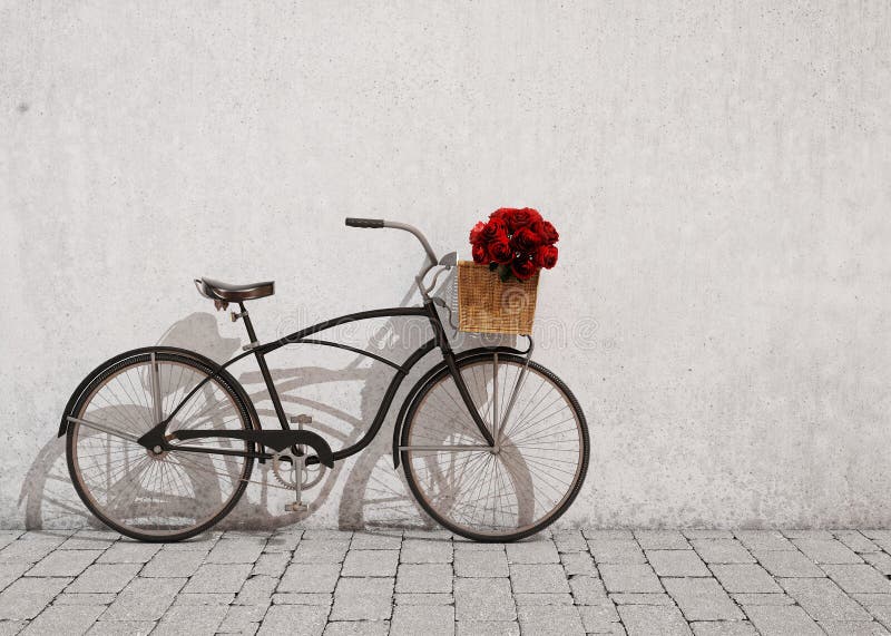 Retro bicycle with basket and flowers in front of the old wall, background