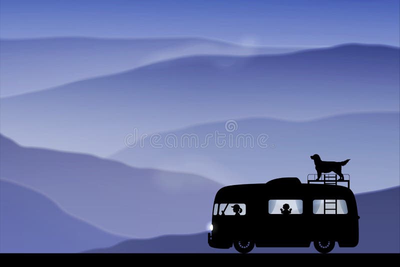 Retro bil för tecknad film på vägen på skymning stock illustrationer