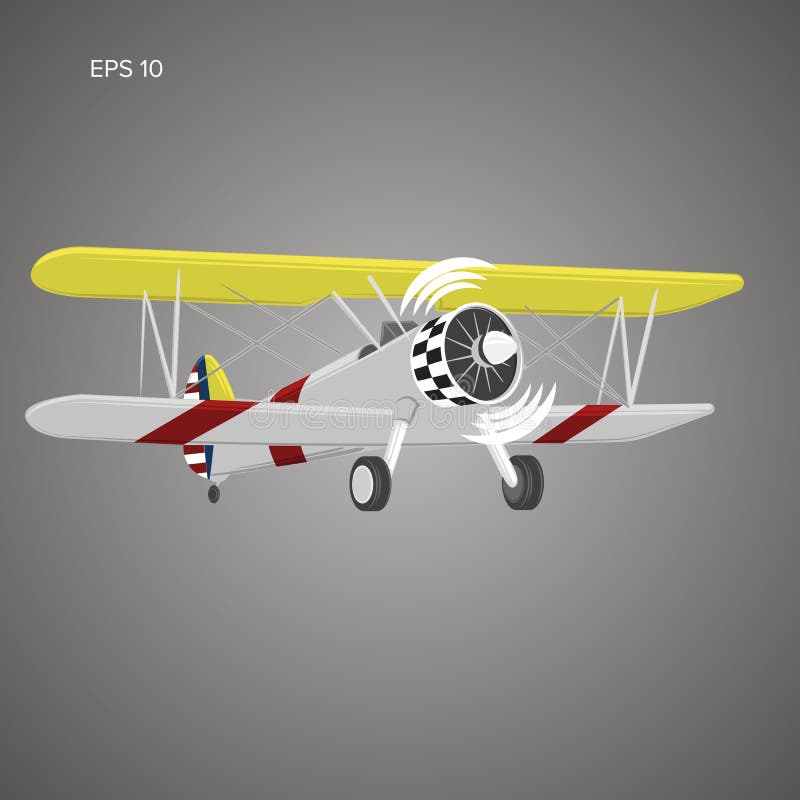 Retro biplane plane vector illusration. Vintage piston engine airplane