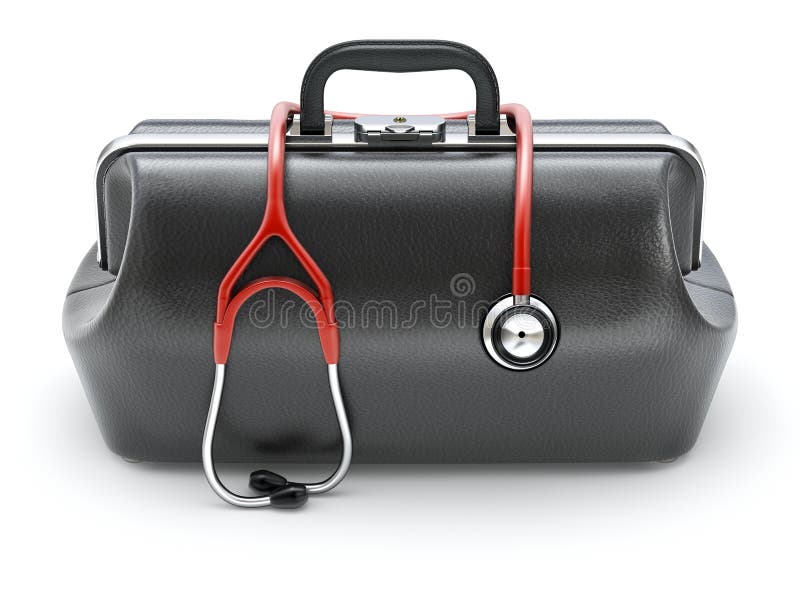 Retro black leather doctor`s bag with the stethoscope