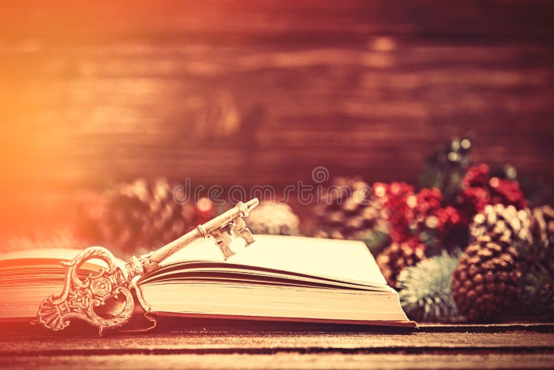 Retro book and key near Pine branches on a table.