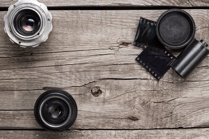 Retro Camera Lenses and Negative Film Stock Photo Image of style