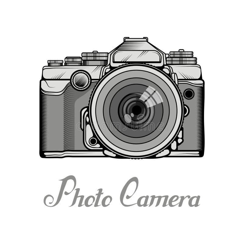 photo logo emblem or label video film movie camera from first till now  vintage engraved hand drawn in sketch or wood cut style old looking retro  lens isolated vector realistic illustration Stock
