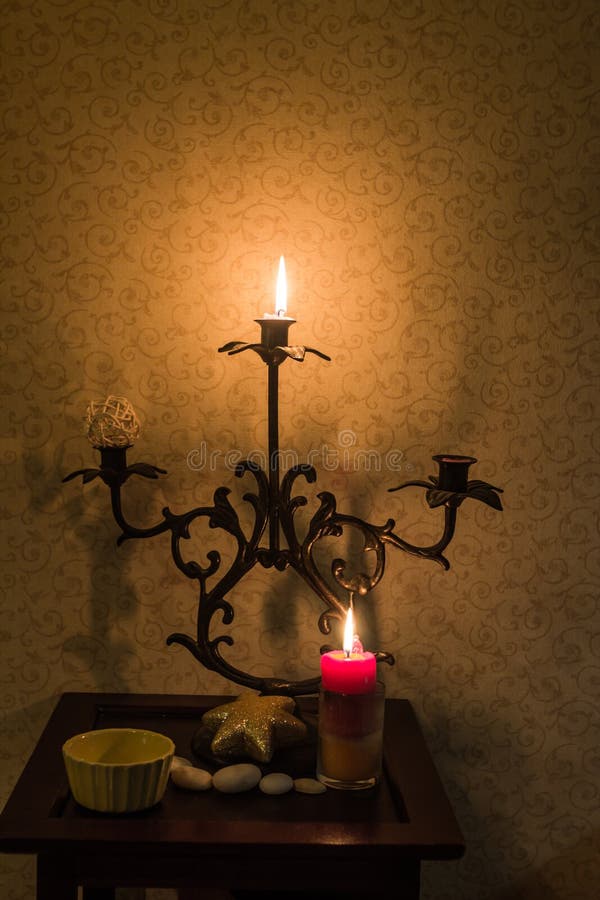 Retro Candlesticks with Candles on Wooden Table Stock Image Image of flame, religious 69627299