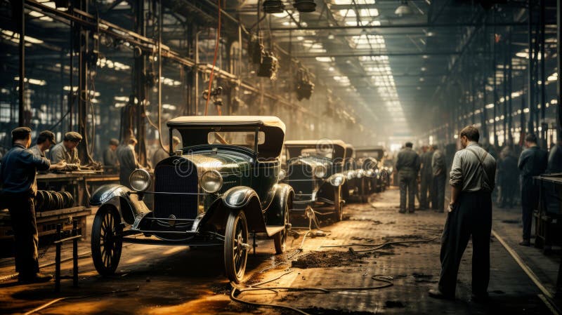 Revving Up Nostalgia: Digital AI Captures 1920s Antique Car in Quaint American factory. Revving Up Nostalgia: Digital AI Captures 1920s Antique Car in Quaint American factory