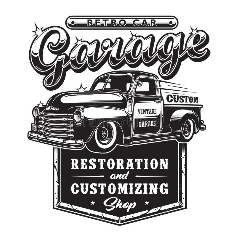 Retro car repair garage sign with retro style truck.