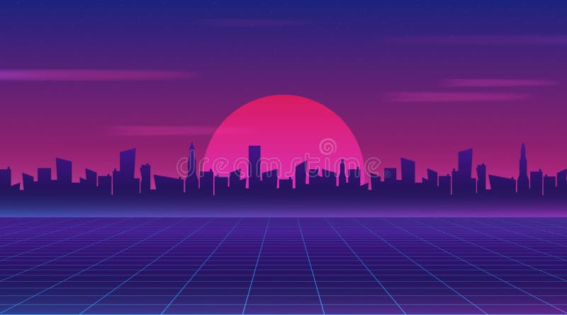Retro carta da parati futura di fantascienza di stile 80s Città futuristica di notte Paesaggio urbano su un fondo scuro con la po illustrazione vettoriale