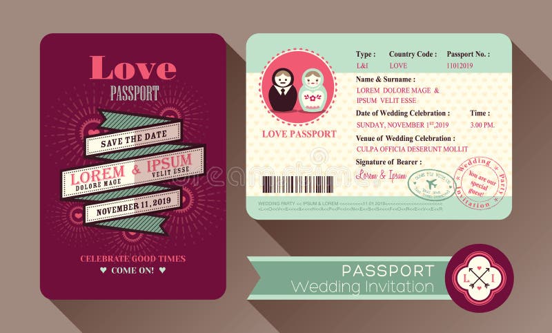 Retro carta dell'invito di nozze del passaporto di visto illustrazione vettoriale Retro carta dell'invito di nozze del passaporto di visto illustrazione vettoriale