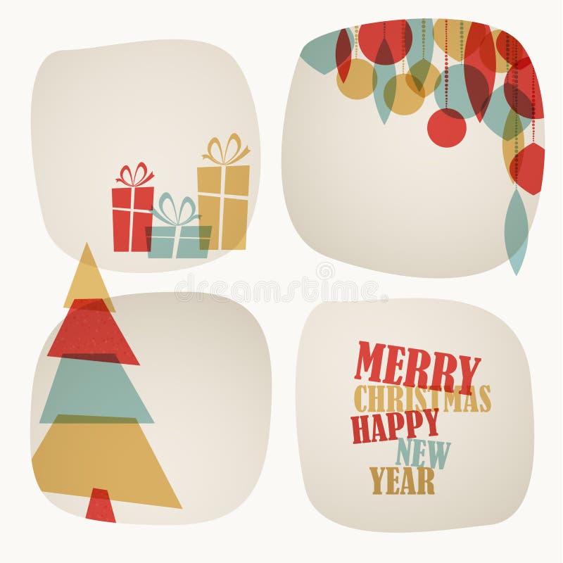 Retro cartolina di Natale con l'albero di Natale, i regali e le decorazioni