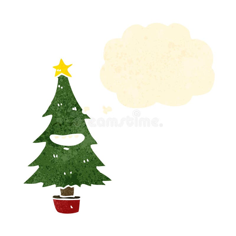 retro cartoon christmas tree with thought bubble