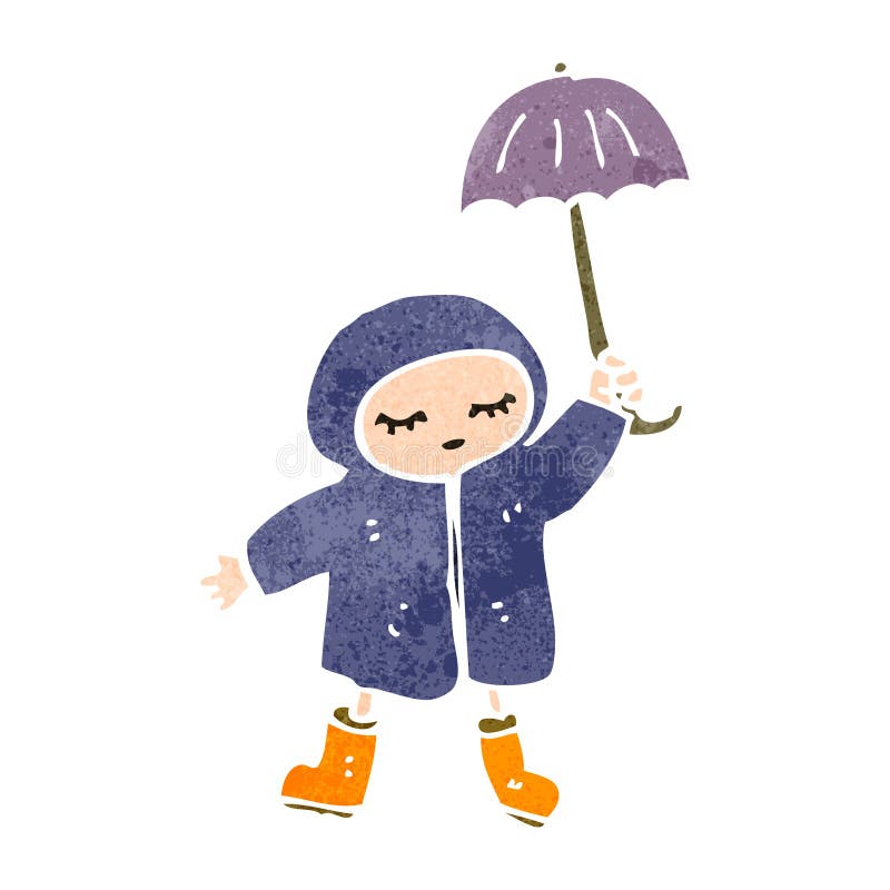Retro Cartoon Girl in Rain Coat Stock Vector Illustration of girl