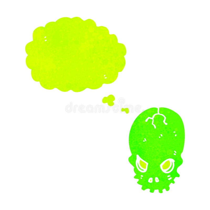 retro cartoon spooky green skull with thought bubble