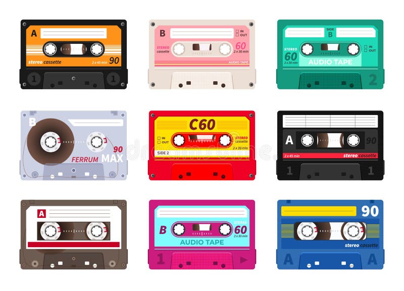 Retro cassettes. Vintage 1980s music tape, dj rave party mix, realistic stereo record set. Vector old school music