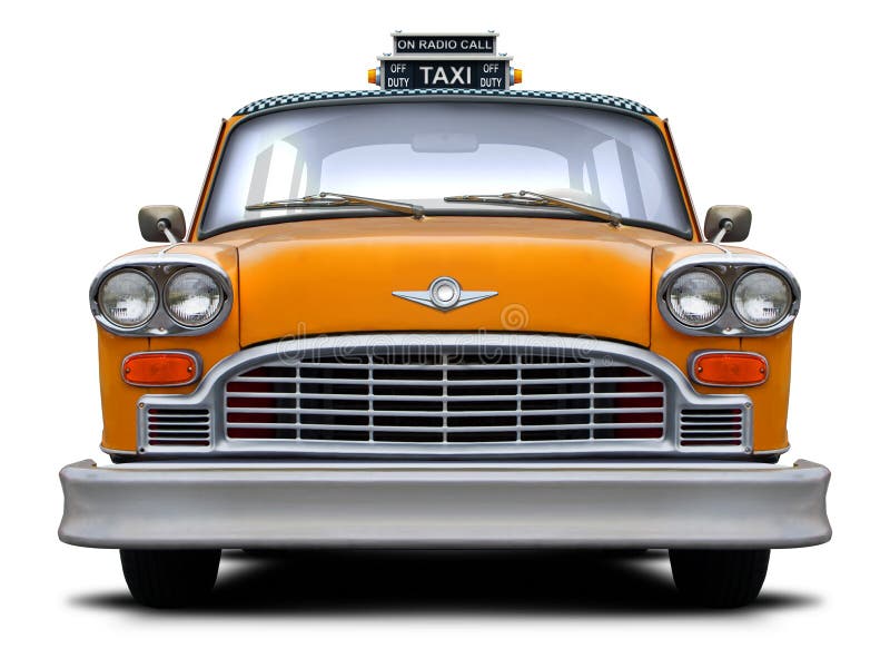 Retro checkered New York yellow taxi front view. stock photo
