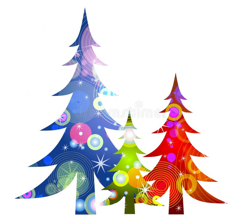 Un clip art, l'illustrazione di retrò albero di Natale in rosso, verde e blu con colorati disegni circolari isolati su bianco.