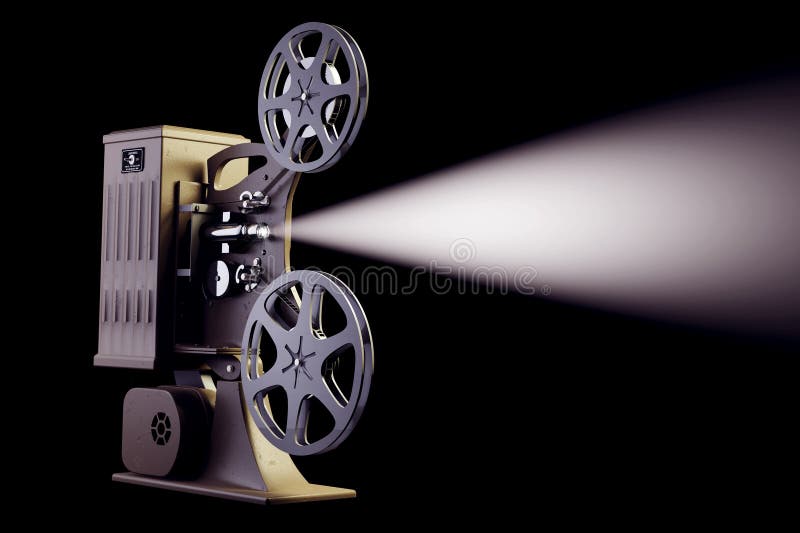 Retro cineproiettore con il raggio luminoso sul nero royalty illustrazione gratis