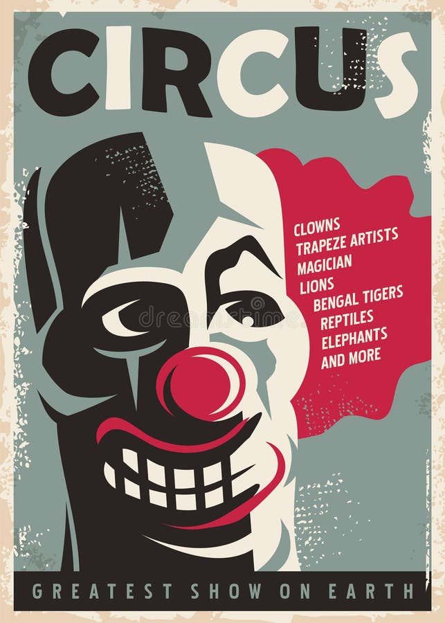 Retro circus poster design template with clown portrait. Vintage style vector illustration.