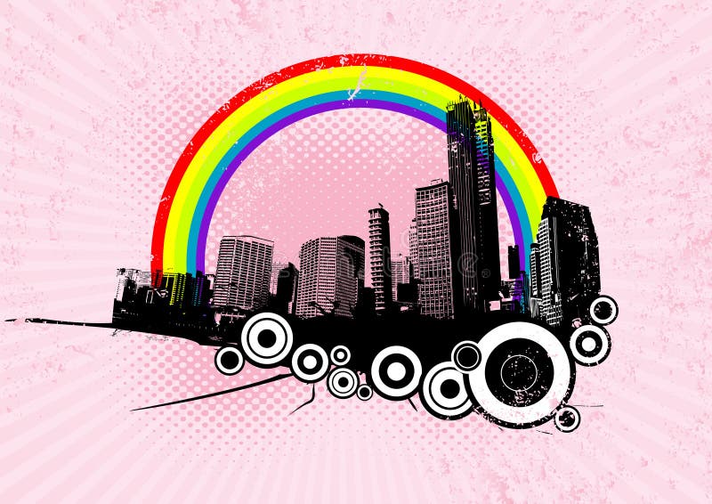 Retro city with rainbow.Vector