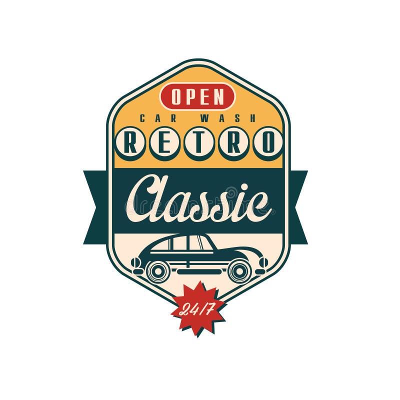 Retro Classic Car Wash Logo, Open 24 7, Auto Service Badge, Retro ...