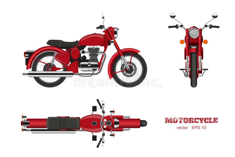 Retro classic motorcycle in realistic style. Side, top and front 3d view. Detailed image of vintage red motorbike