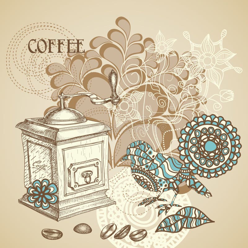 Retro coffee background featuring decorative bird grinding coffee beans