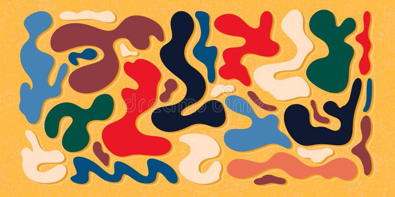 Retro Colorful Abstract Liquid Organic Shapes in Cartoon Y2K Style. Fluid irregular forms isolated on yellow background stock illustration
