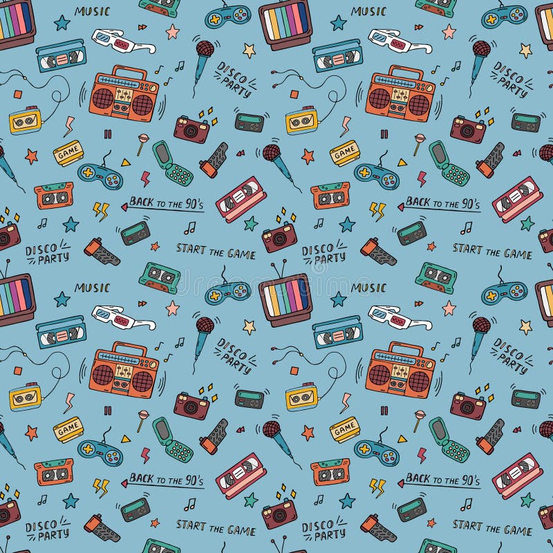 Retro colorful 90s pattern. Doodles seamless background. 1990s nostalgia. Trendy vector pattern for vintage designs