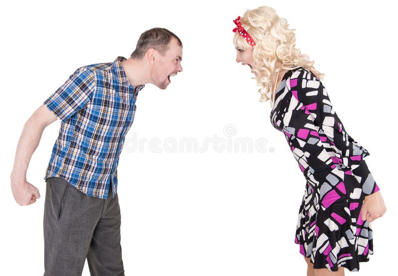 Retro combattimento divertente delle coppie della famiglia e gridare ad a vicenda fotografie stock Retro combattimento divertente delle coppie della famiglia e gridare ad a vicenda fotografie stock