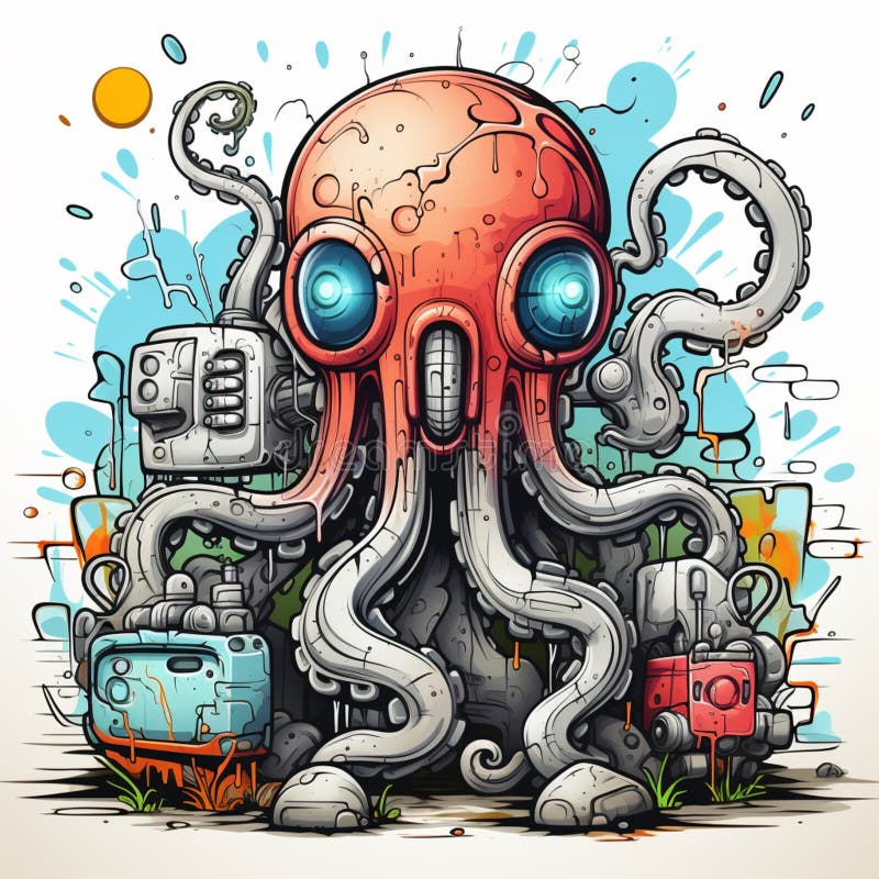 Retro Comic Robot Octopus Coloring Page with Bold Lines Stock ...
