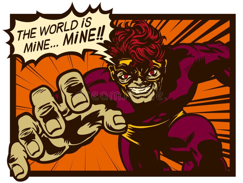 Retro comics supervillain die het slechte plan voorstelt om de vectorillustratie van de wereld te regeren