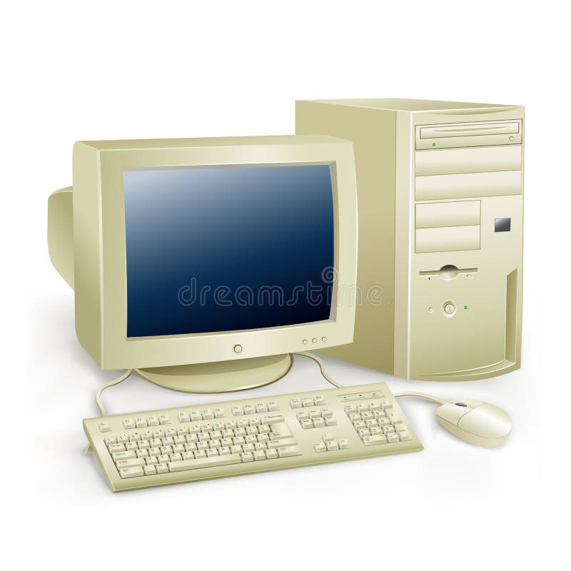 The retro desktop white computer with monitor, keyboard and mouse on the white background. Old computer keyboard cpu monitor vectors