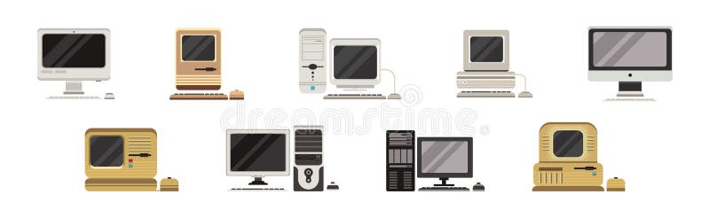 Retro computer and hardware with screen vector set ancient old personal desktop device vector illustratie