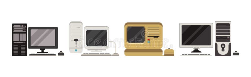 Retro Computer and Hardware with Screen Vector Set. Ancient and Old Personal Desktop Device