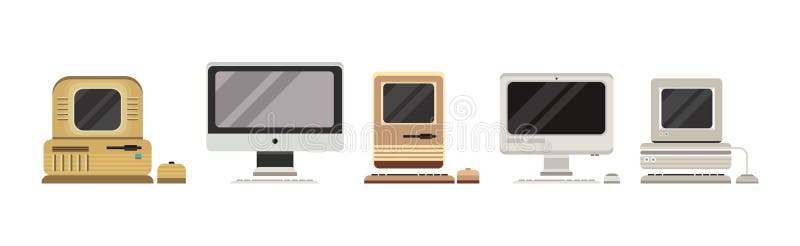 Retro computer and hardware with screen vector set ancient old personal desktop device royalty-vrije illustratie