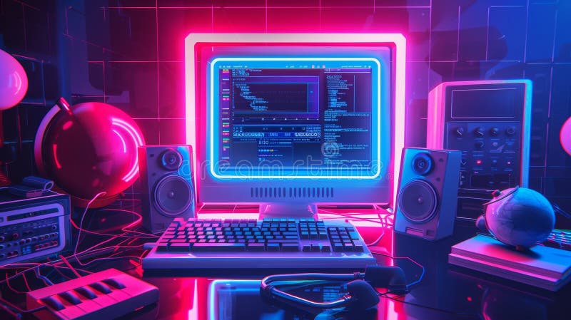 Retro computer interface with glitch effect. Abstract posters with desktop PC screen design, neon colors, modern royalty free stock photo