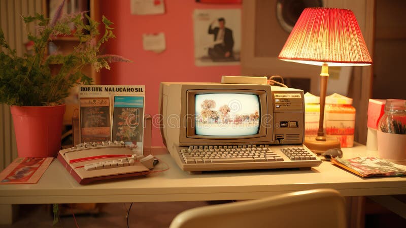 Retro computer on kitchen table royalty free illustration