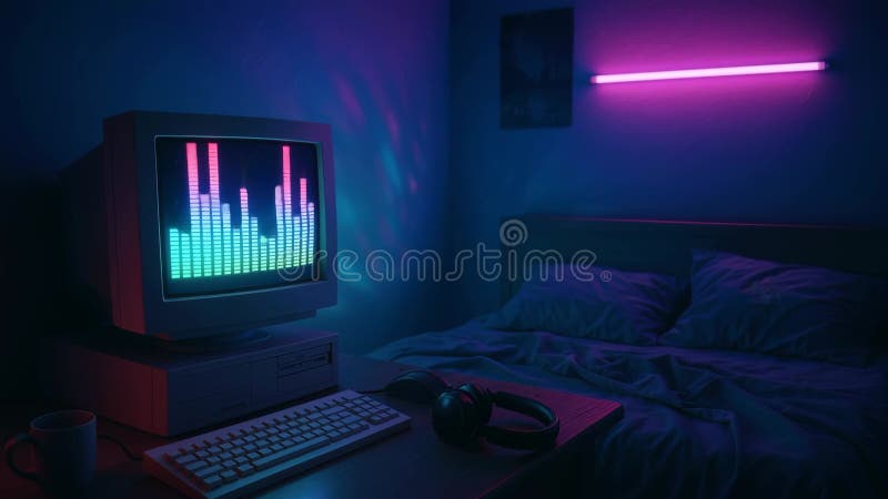 Retro computer monitor with neon glow in bedroom stock illustration