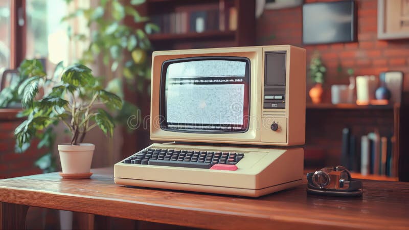 A retro computer from the 1980s sits on a cluttered desk in a nostalgic office environment, evoking a vintage tech workspace. Nostalgic image video