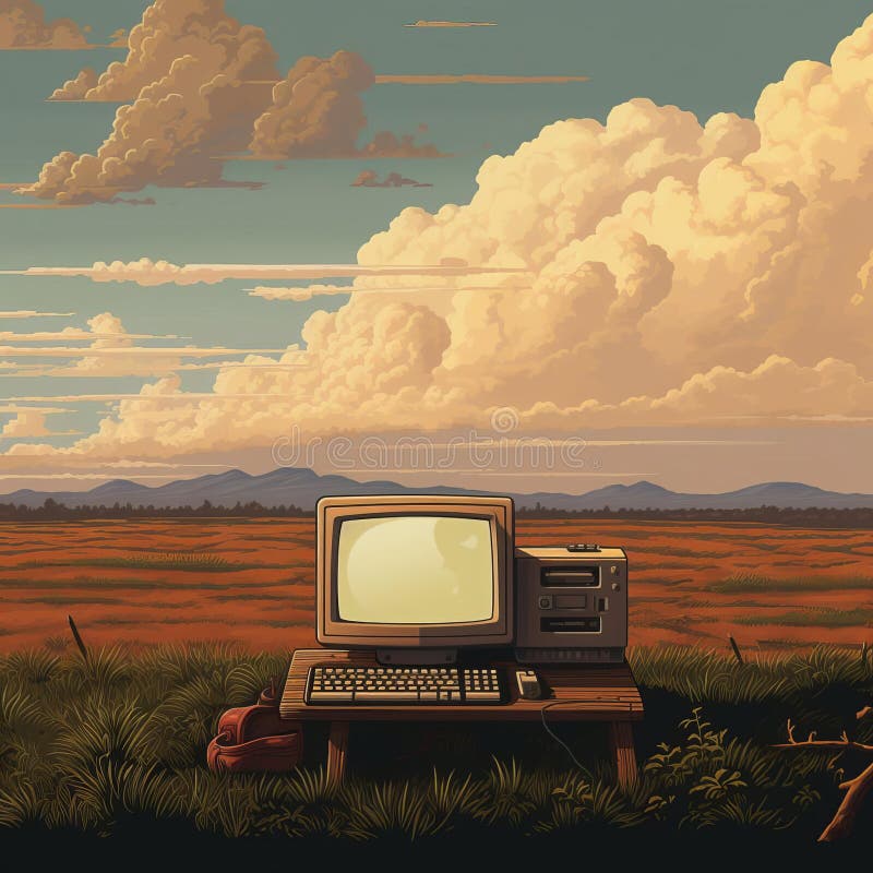 Prairie dell, surrounded by rolling hills and vast open spaces, is beautifully captured in this vibrant pixel art piece, showcasing the serene beauty of the american heartland, with its lush green grasses, wildflowers, and a tranquil atmosphere, evoking feelings of peace and relaxation. Old computer keyboard cpu monitor illustrations
