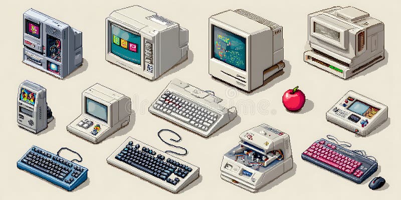 Retro Computing A Nostalgic Collection of Vintage Computer and Peripheral Designs. Old computer keyboard cpu monitor illustrations