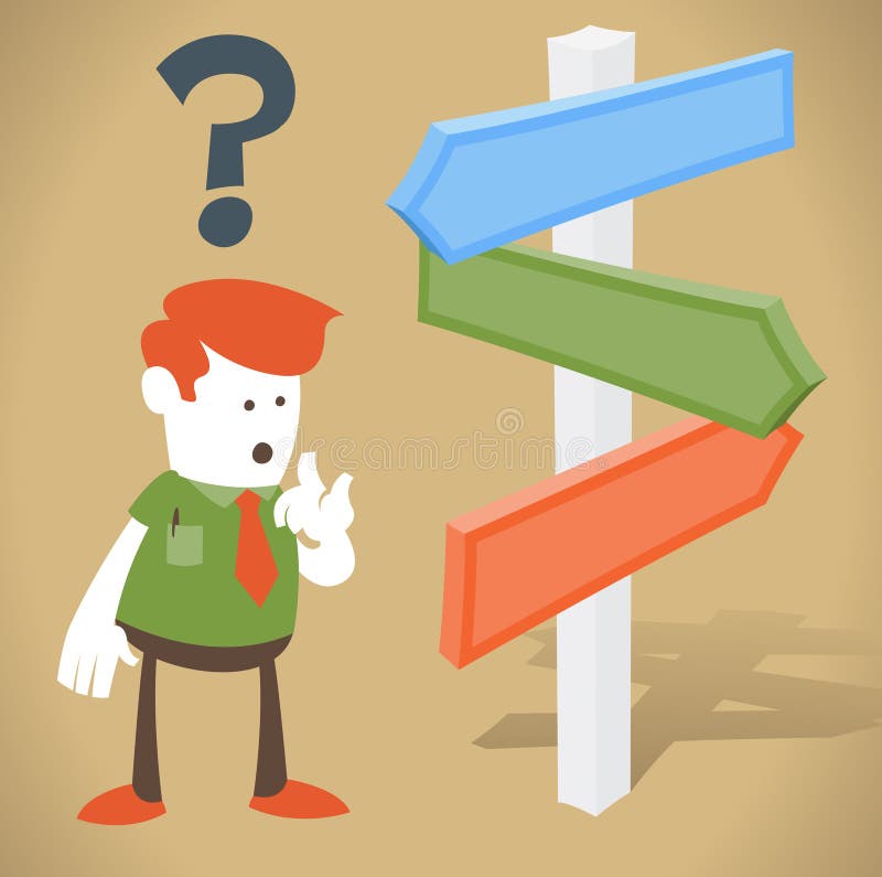 Retro Corporate Guy standing at the crossroads vector illustration