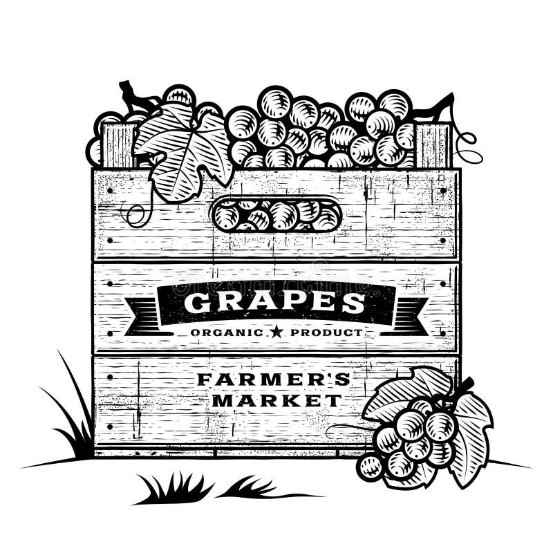 Retro crate of grapes black and white stock illustration Retro crate of grapes black and white stock illustration