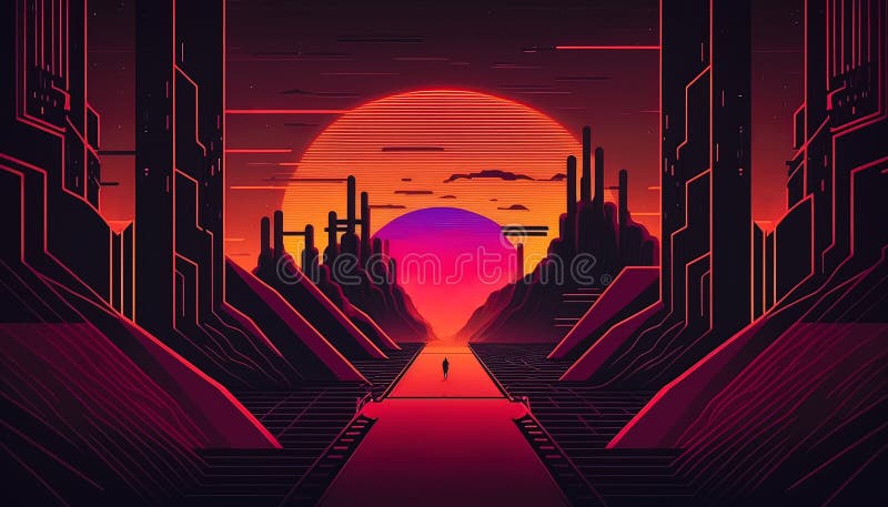 Cyberpunk City landscape with a sunset, Ai Generated Cyberpunk Wallpaper/ Background, Stock Illustration