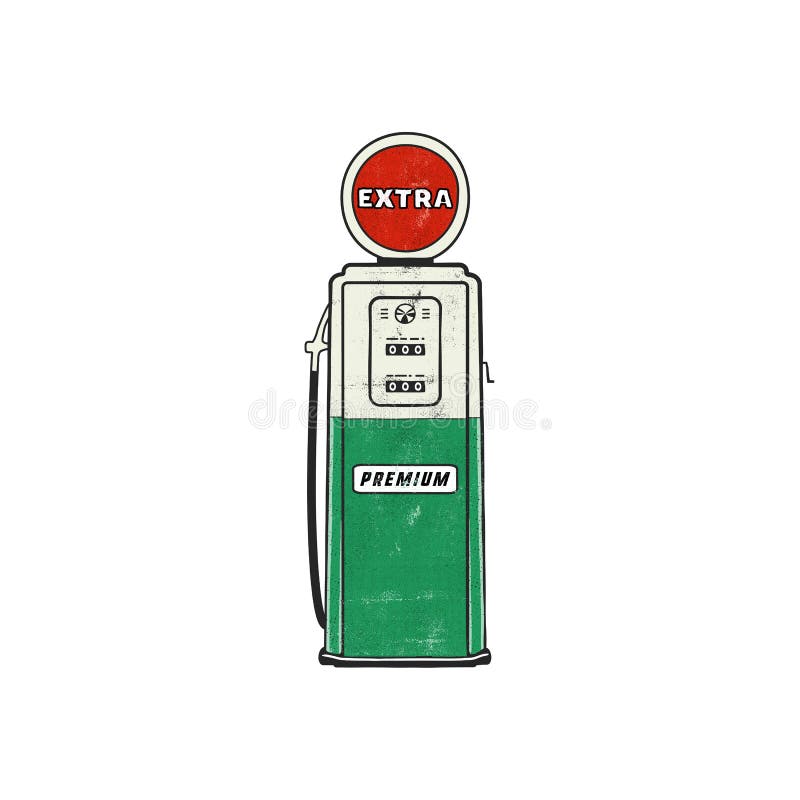 Retro style Gas station pump artwork. Vintage hand drawn design in distressed style. Unique gasoline pump illustration. Green and red colors palette. Stock vector isolated on white background. Retro style Gas station pump artwork. Vintage hand drawn design in distressed style. Unique gasoline pump illustration. Green and red colors palette. Stock vector isolated on white background.