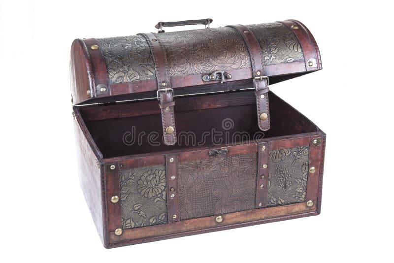 Retro decorative treasure box from wood. Trunk chest on white background.