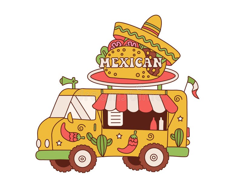 Taco Retro Cartoon Style Mascotte Logo Design Personnage De Cuisine  Latino-américaine Avec Sombrero Drapeau Mexicain Et Piment Illustration  Vectorielle Contour Dessiné à La Main Dans Le Style Toon Vintage Branché  Des Années