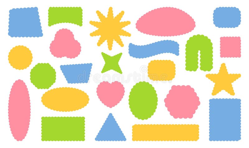 Retro design elements scalloped frames. Scalloped edge rectangle, star, ellipse, circle and square shapes stock illustration