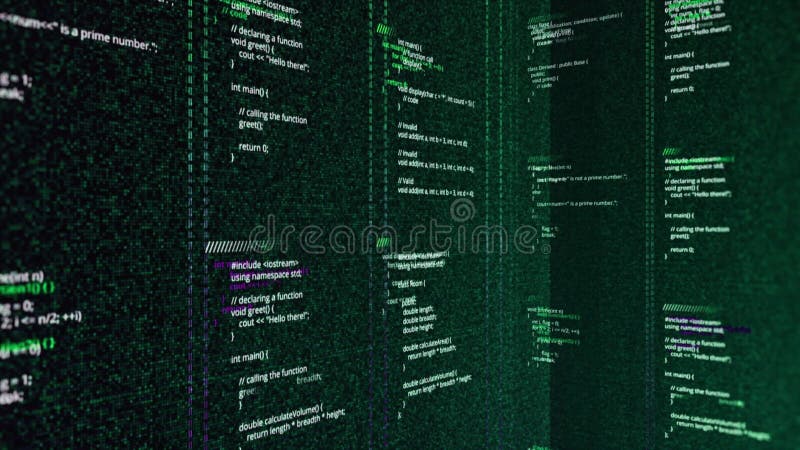 Retro digital background with vertical columns and self written code. Animation. Lines of computer code for the old vector illustration